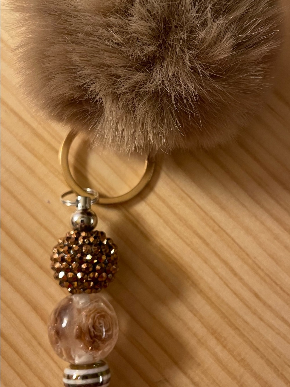 Brown Faux Fur Pom Pom Keychain with Bead Charm